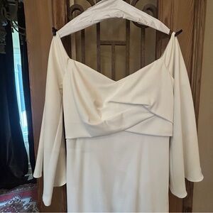 Badgley Mischka Cream Off-Shoulder Draped Gown